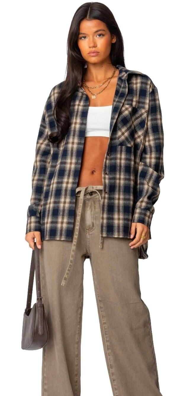 NWT Edikted Women's Oversized Small Plaid Flannel Shirt Long Sleeve Button Up
